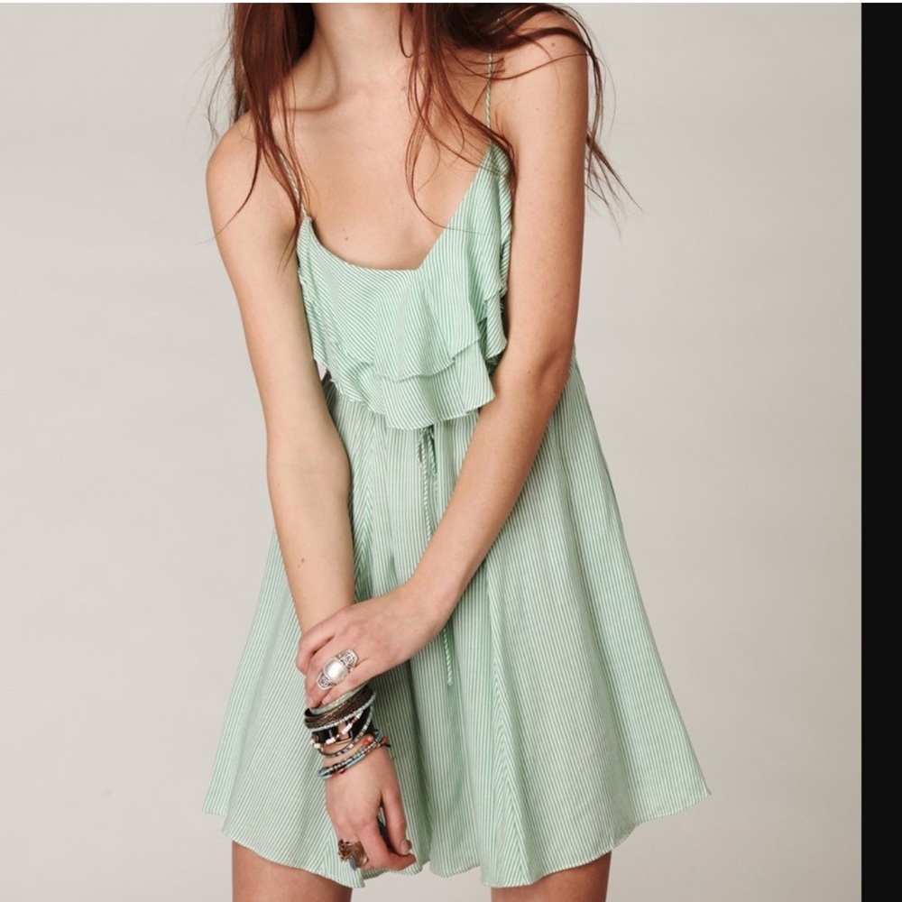 Free People Green Medium Flutter Away Green Stripe Ruffle Dress